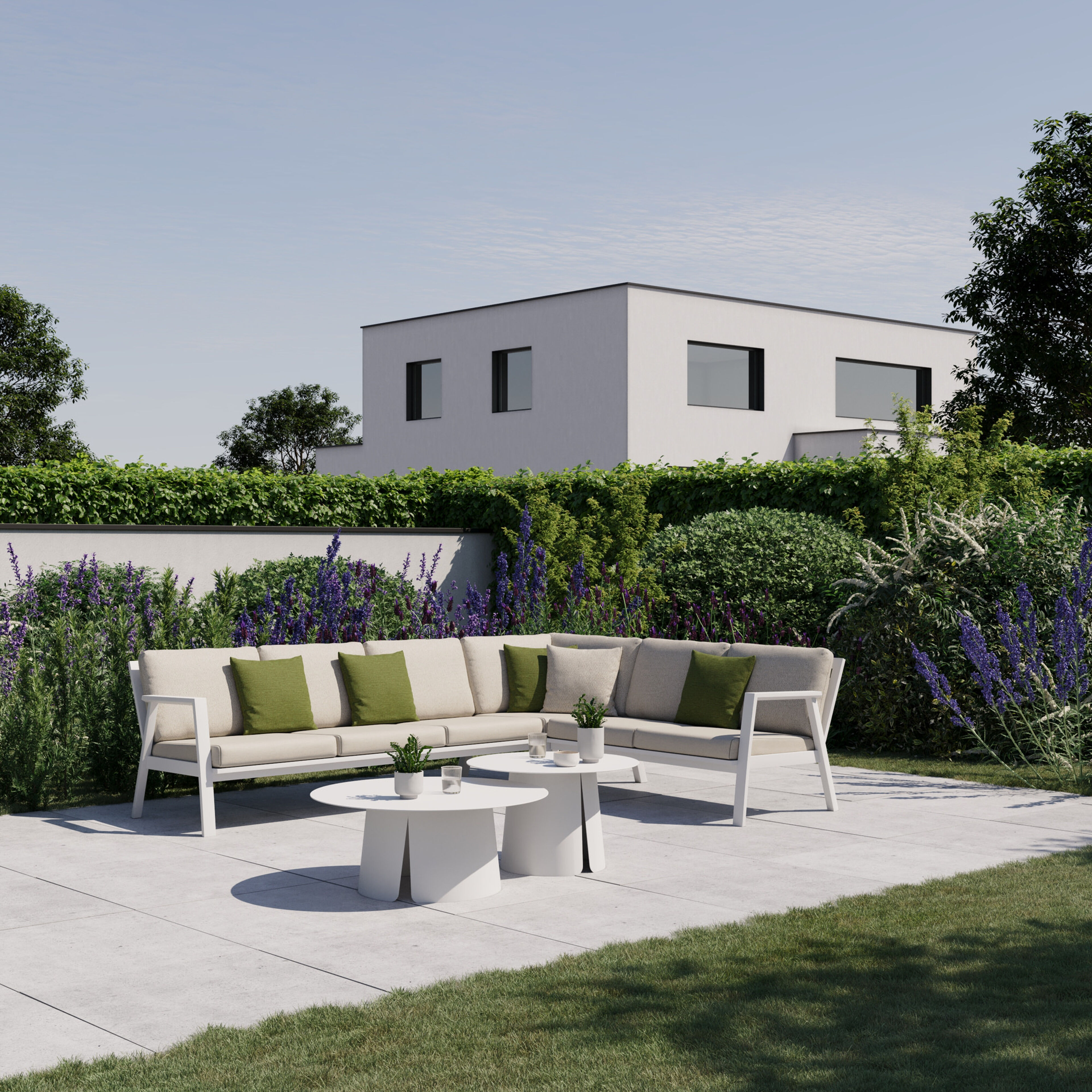 Salon de jardin d'angle Avila en aluminium blanc et coussins en weather+ softtouch beige