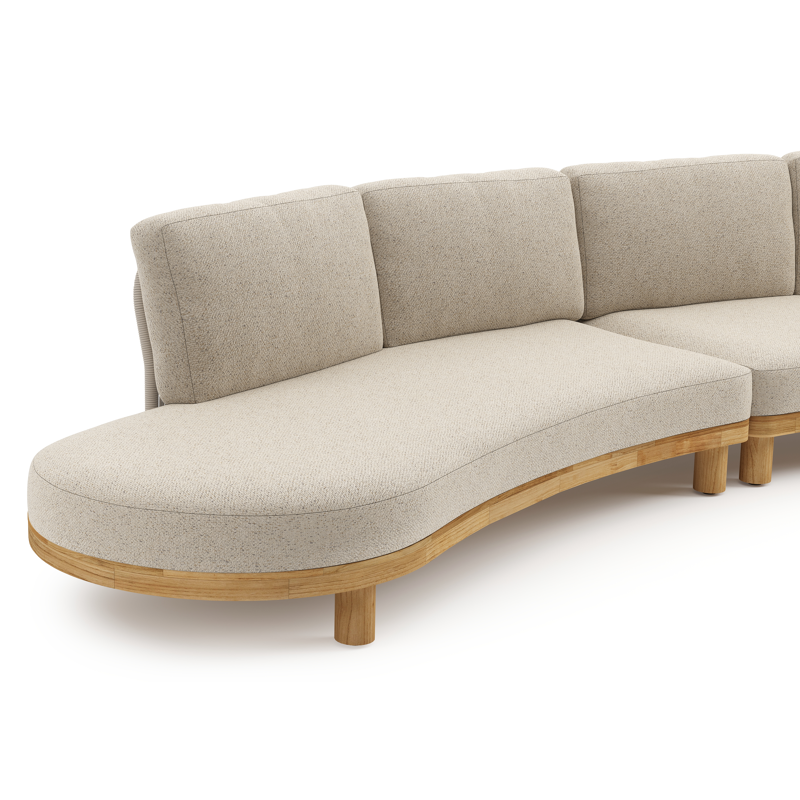 Salon de jardin d'angle Donato en teck et corde ronde tissée verticalement beige et coussins en all weather cosytica Bora Desert