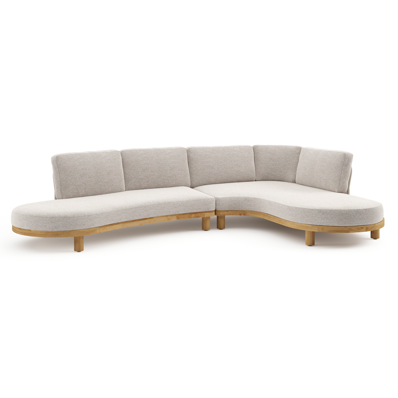 Donato loungehoek in teak en beige verticaal geweven ronde rope met all weather sunbrella® luxe Tundra Sand kussen