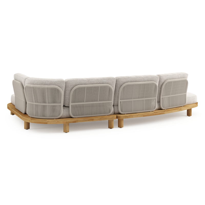 Donato loungehoek in teak en beige verticaal geweven ronde rope met all weather sunbrella® luxe Tundra Sand kussen