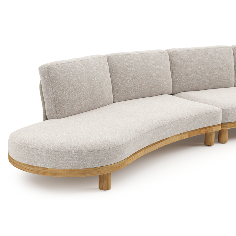 Donato loungehoek in teak en beige verticaal geweven ronde rope met all weather sunbrella® luxe Tundra Sand kussen