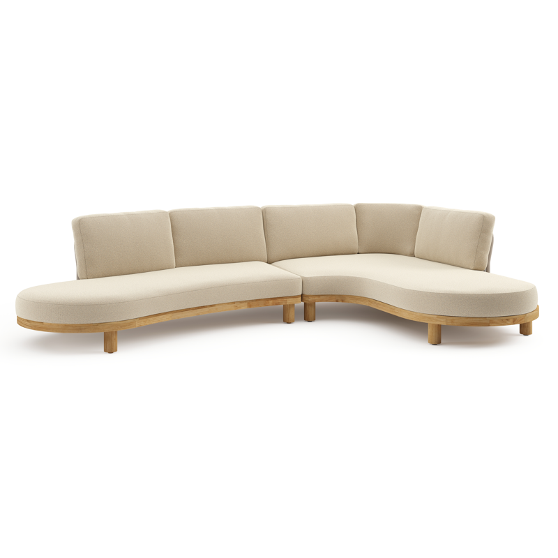 Salon de jardin d'angle Donato en teck et corde ronde tissée verticalement beige et coussins en all weather solica Soul Papyrus