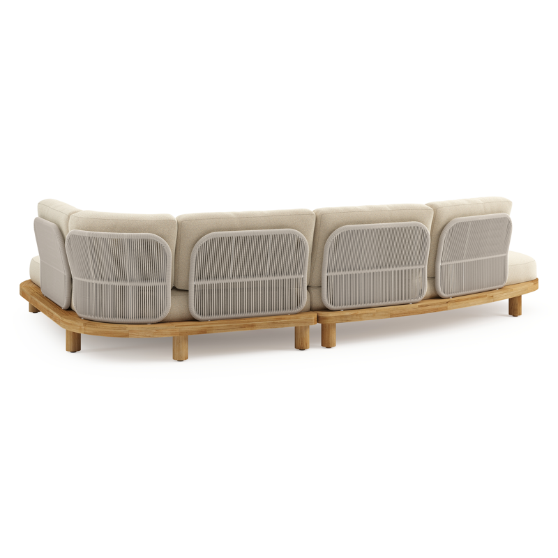 Salon de jardin d'angle Donato en teck et corde ronde tissée verticalement beige et coussins en all weather solica Soul Papyrus
