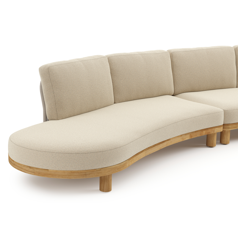 Salon de jardin d'angle Donato en teck et corde ronde tissée verticalement beige et coussins en all weather solica Soul Papyrus