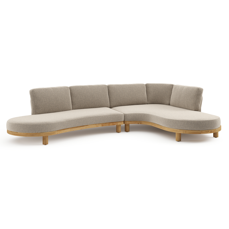 Salon de jardin d'angle Donato en teck et corde ronde tissée verticalement beige et coussins en all weather sunbrella® luxe Chartres Pewter