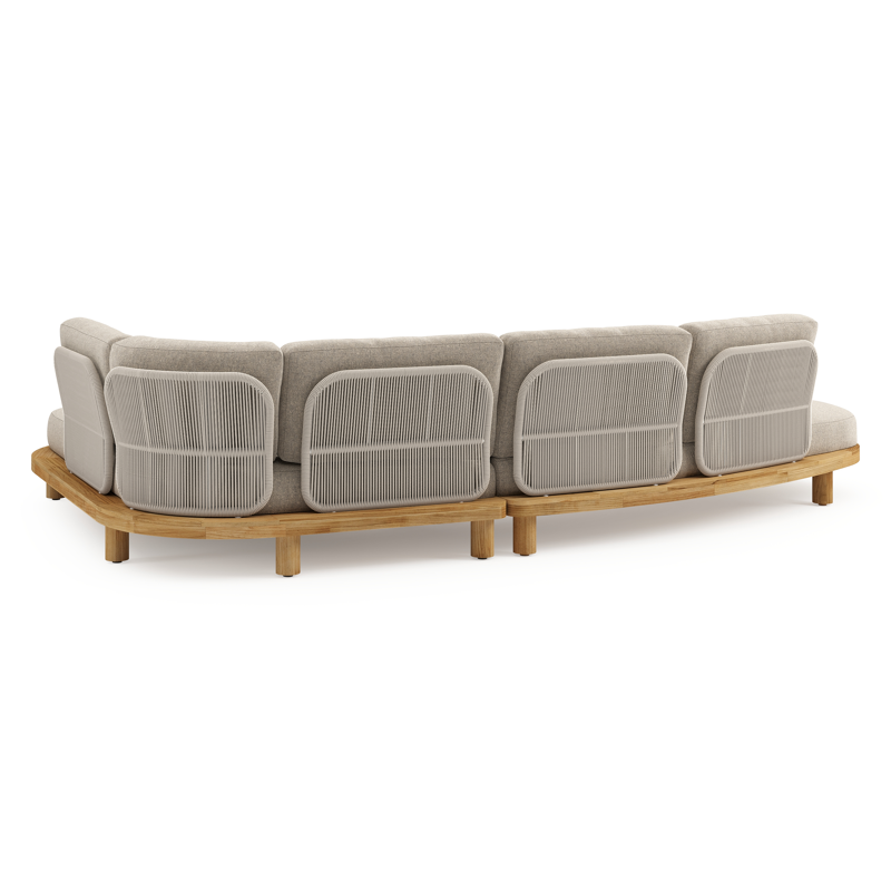 Salon de jardin d'angle Donato en teck et corde ronde tissée verticalement beige et coussins en all weather sunbrella® luxe Chartres Pewter