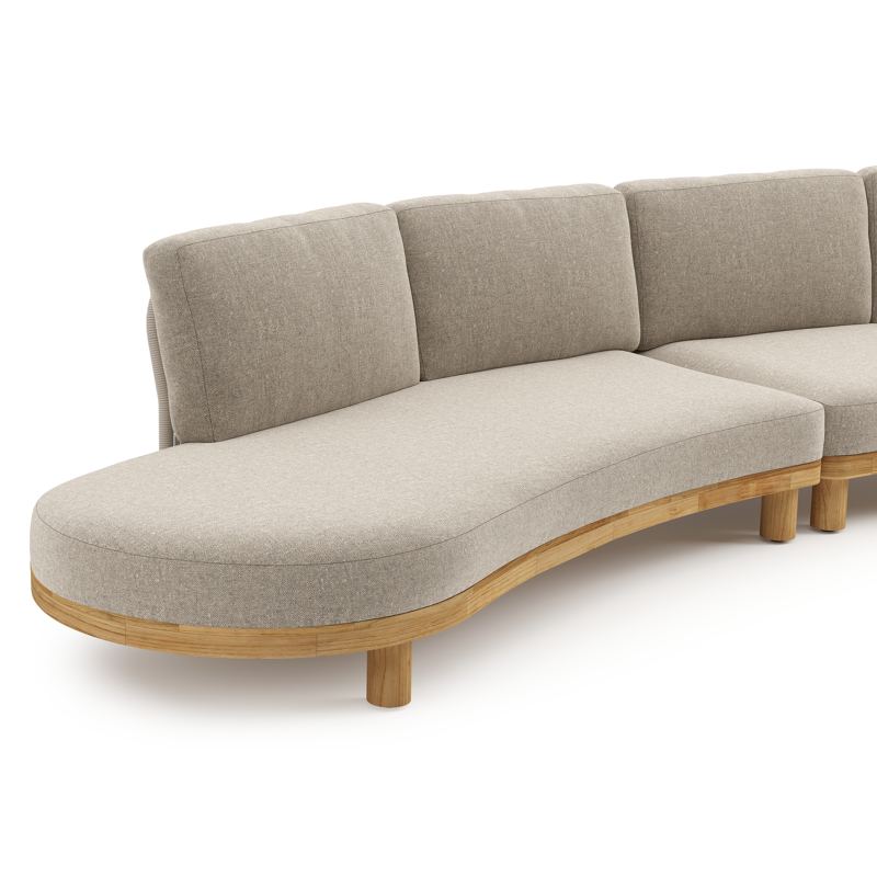 Salon de jardin d'angle Donato en teck et corde ronde tissée verticalement beige et coussins en all weather sunbrella® luxe Chartres Pewter