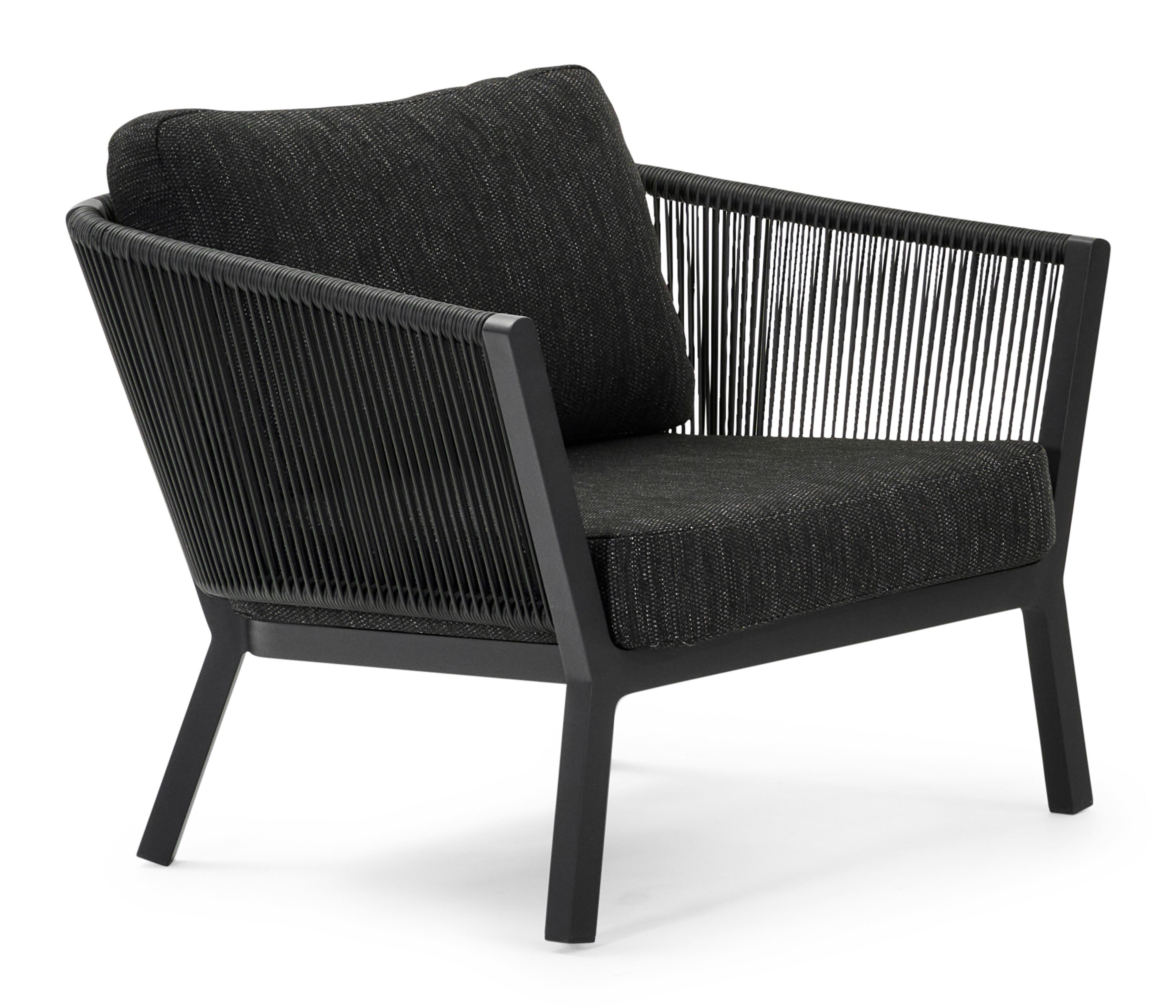 Cordoba loungestoel 1-zit in zwart aluminium en verticaal geweven ronde rope met sky black weather+ softtouch kussen