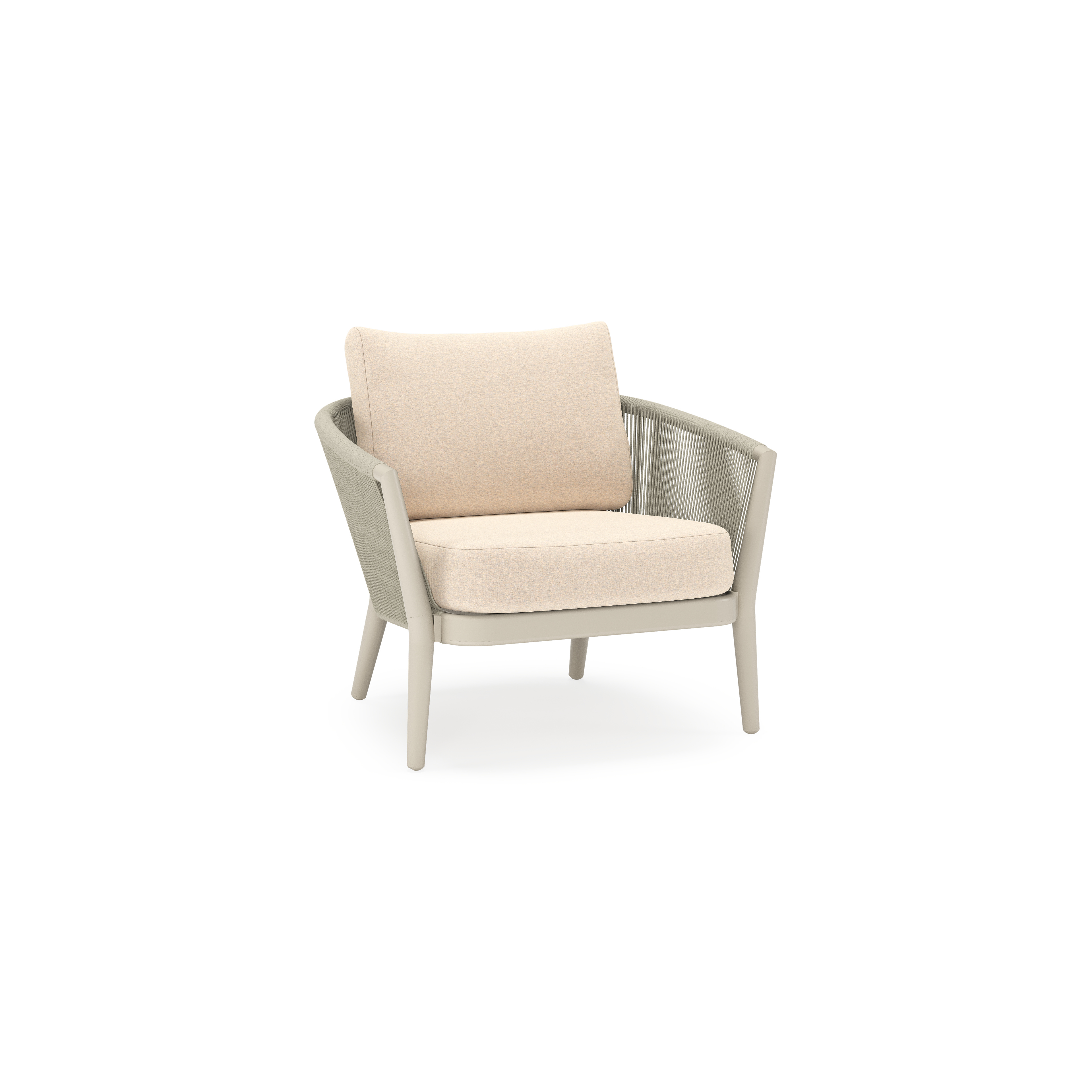 Orso loungestoel in beige aluminium en beige verticaal geweven ronde rope met Heritage Papyrus all weather sunbrella® luxe kussen