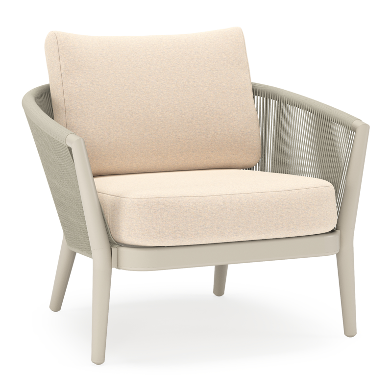 Orso loungestoel in beige aluminium en beige verticaal geweven ronde rope met Heritage Papyrus all weather sunbrella® luxe kussen