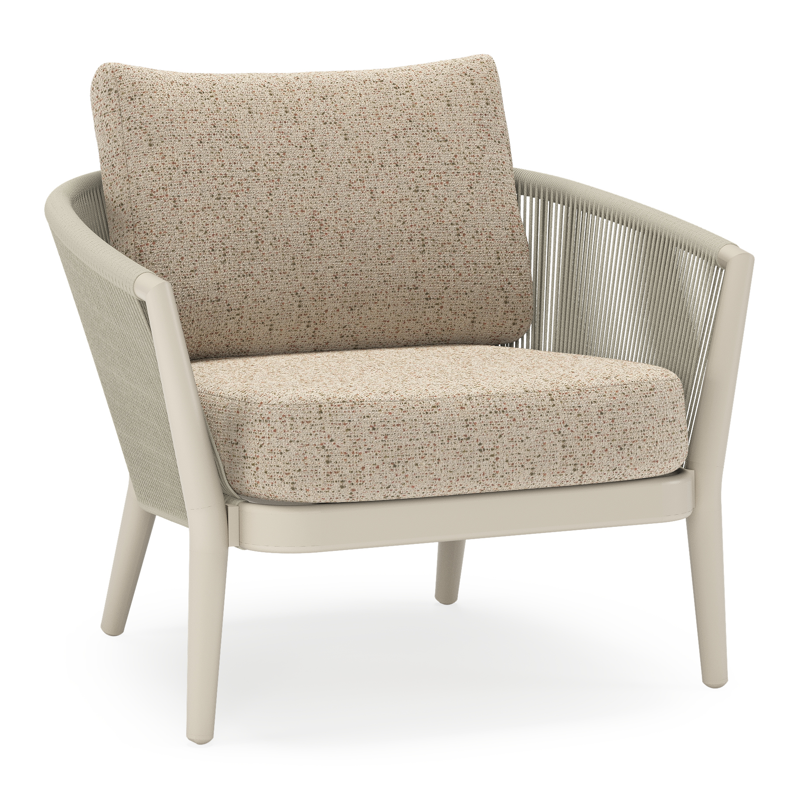 Fauteuil de jardin Orso en aluminium beige en corde ronde tissée verticalement beige et coussins en all weather cosytica Bora Jungle