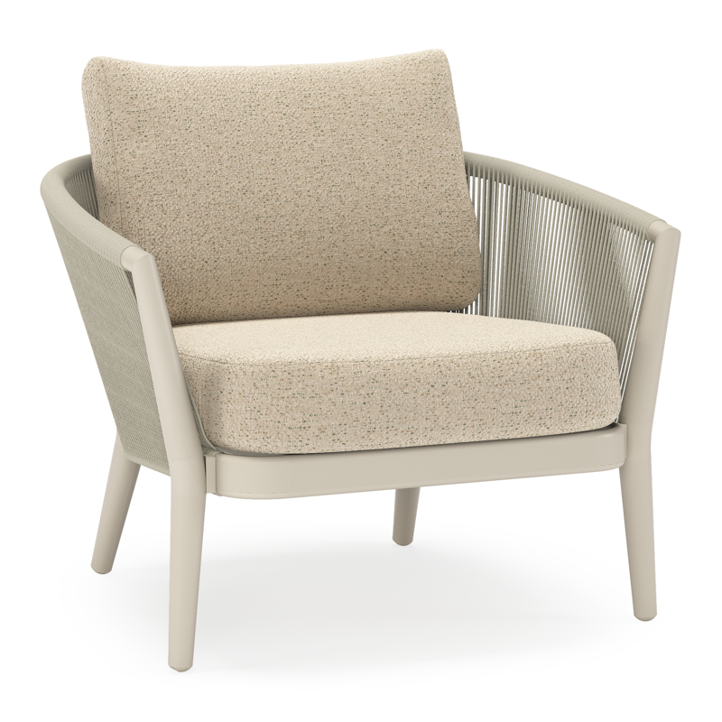 Orso loungestoel in beige aluminium en beige verticaal geweven ronde rope met Bora Forest all weather cosytica kussen