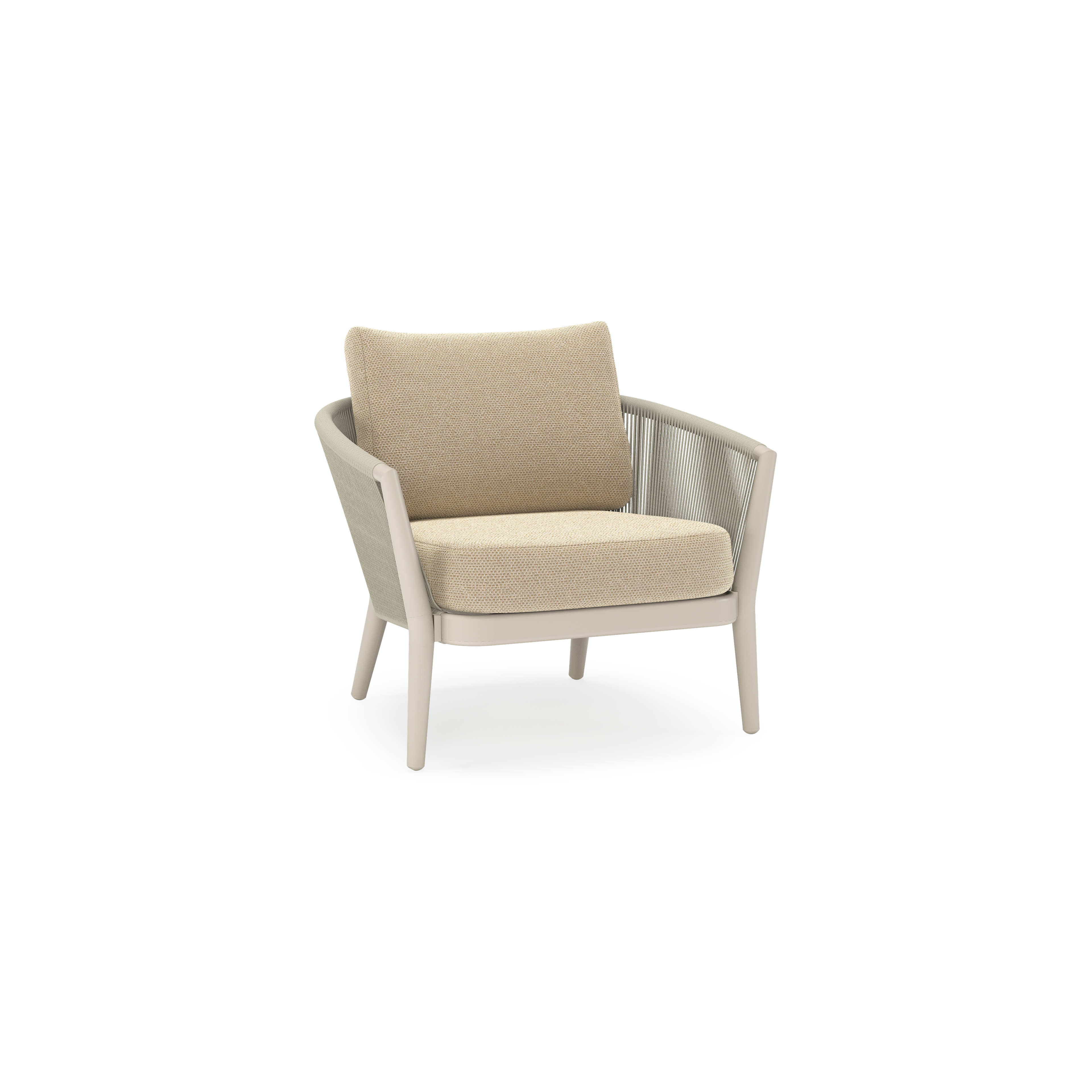 Orso loungestoel in beige aluminium en beige verticaal geweven ronde rope met Althea Camel all weather cosytica kussen