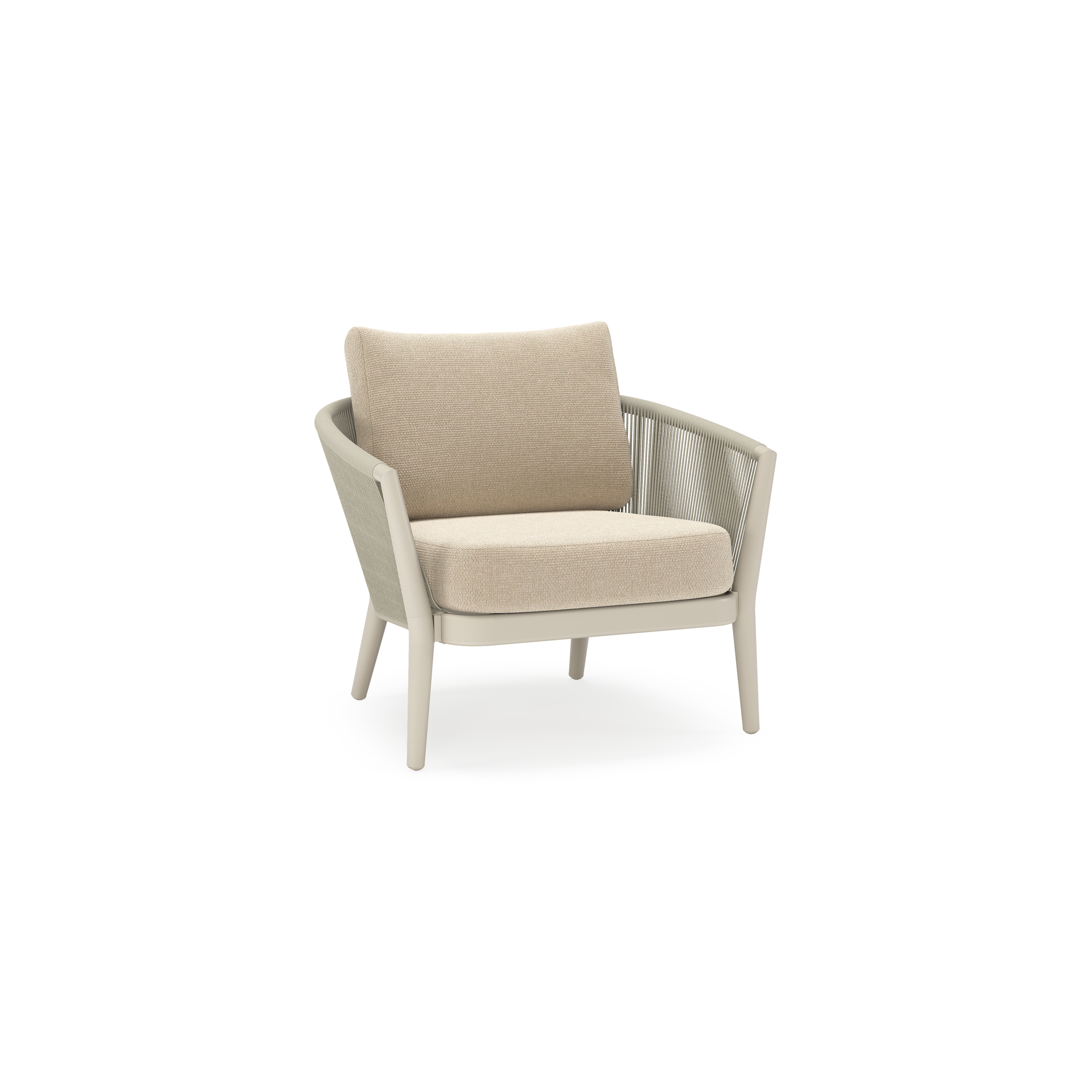 Fauteuil de jardin Orso en aluminium beige en corde ronde tissée verticalement beige et coussins en all weather cosytica Althea Chalk