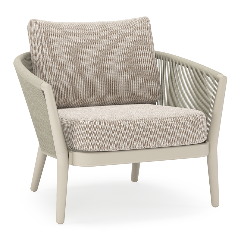 Orso loungestoel in beige aluminium en beige verticaal geweven ronde rope met Lopi Fossil all weather sunbrella® luxe kussen