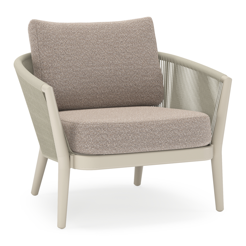Orso loungestoel in beige aluminium en beige verticaal geweven ronde rope met Wander Manioc all weather sunbrella® luxe kussen