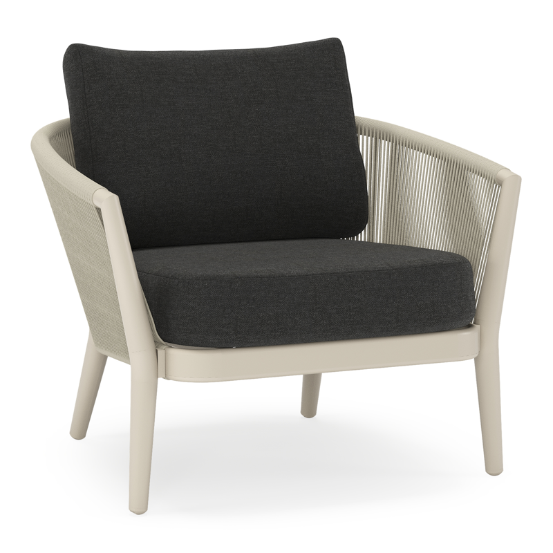 Orso loungestoel in beige aluminium en beige verticaal geweven ronde rope met Chartres Sooty all weather sunbrella® luxe kussen