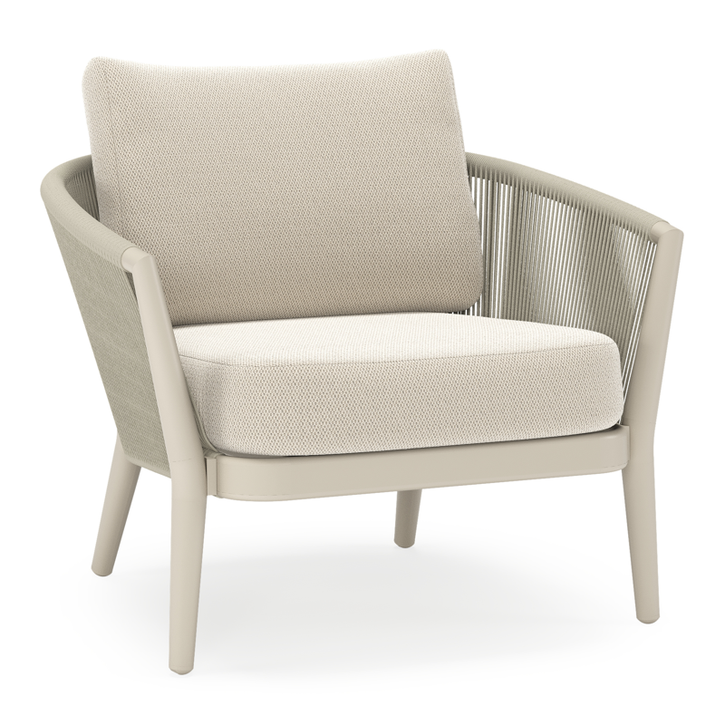 Orso loungestoel in beige aluminium en beige verticaal geweven ronde rope met Lopi Marble all weather sunbrella® luxe kussen