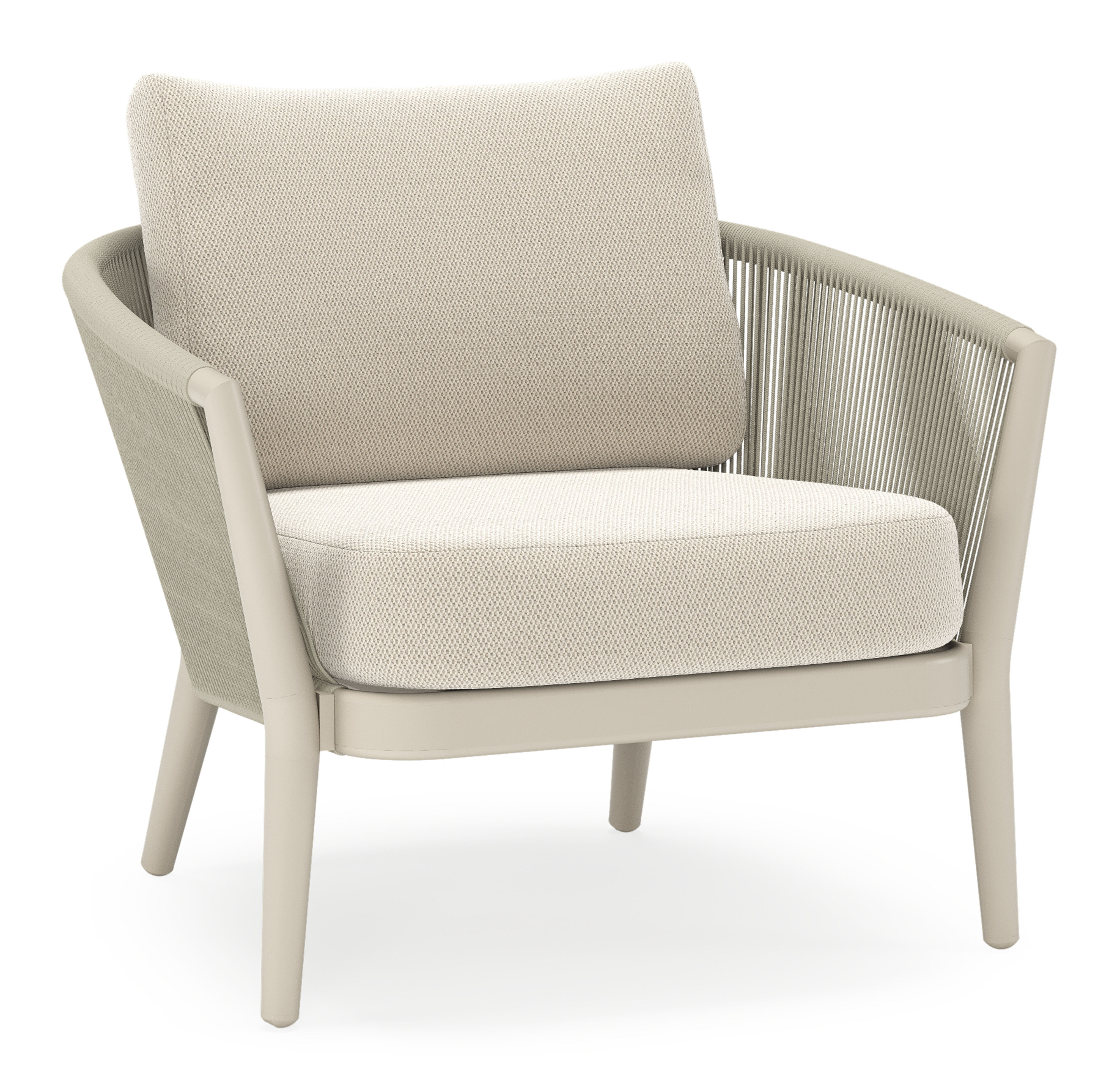 Orso loungestoel in beige aluminium en beige verticaal geweven ronde rope met Lopi Marble all weather sunbrella® luxe kussen