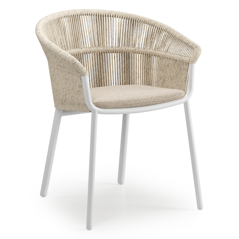 Chaise de jardin empilable Matera en aluminium blanc et résine tressée torsadé beige avec coussin en beige weather+ softtouch