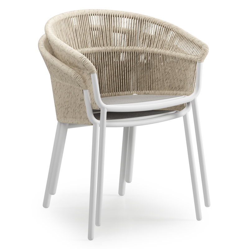 Chaise de jardin empilable Matera en aluminium blanc et résine tressée torsadé beige avec coussin en beige weather+ softtouch