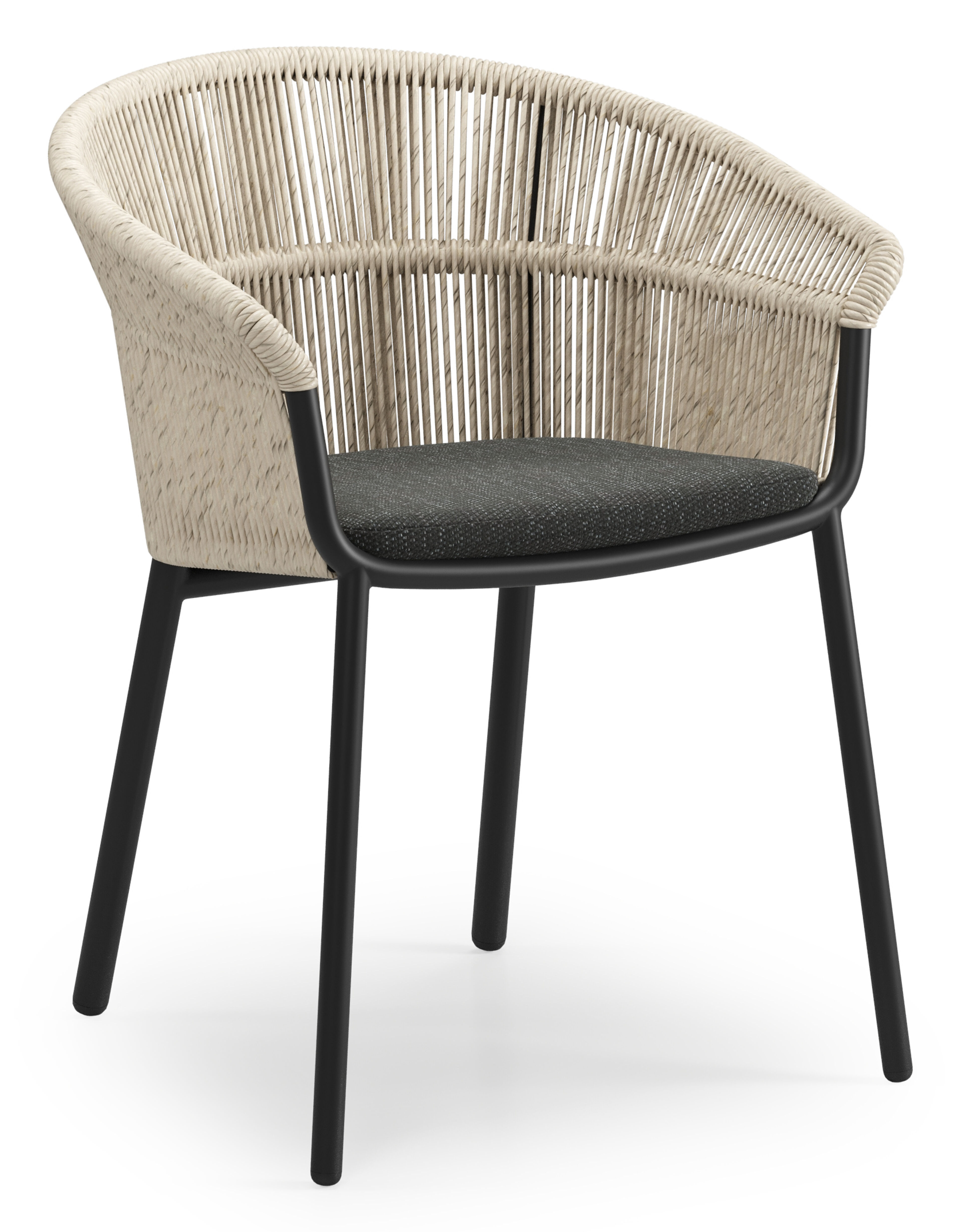 Matera stapelbare tuinstoel in zwart aluminium en beige gedraaide ronde wicker met kussen in sky black weather+ softtouch