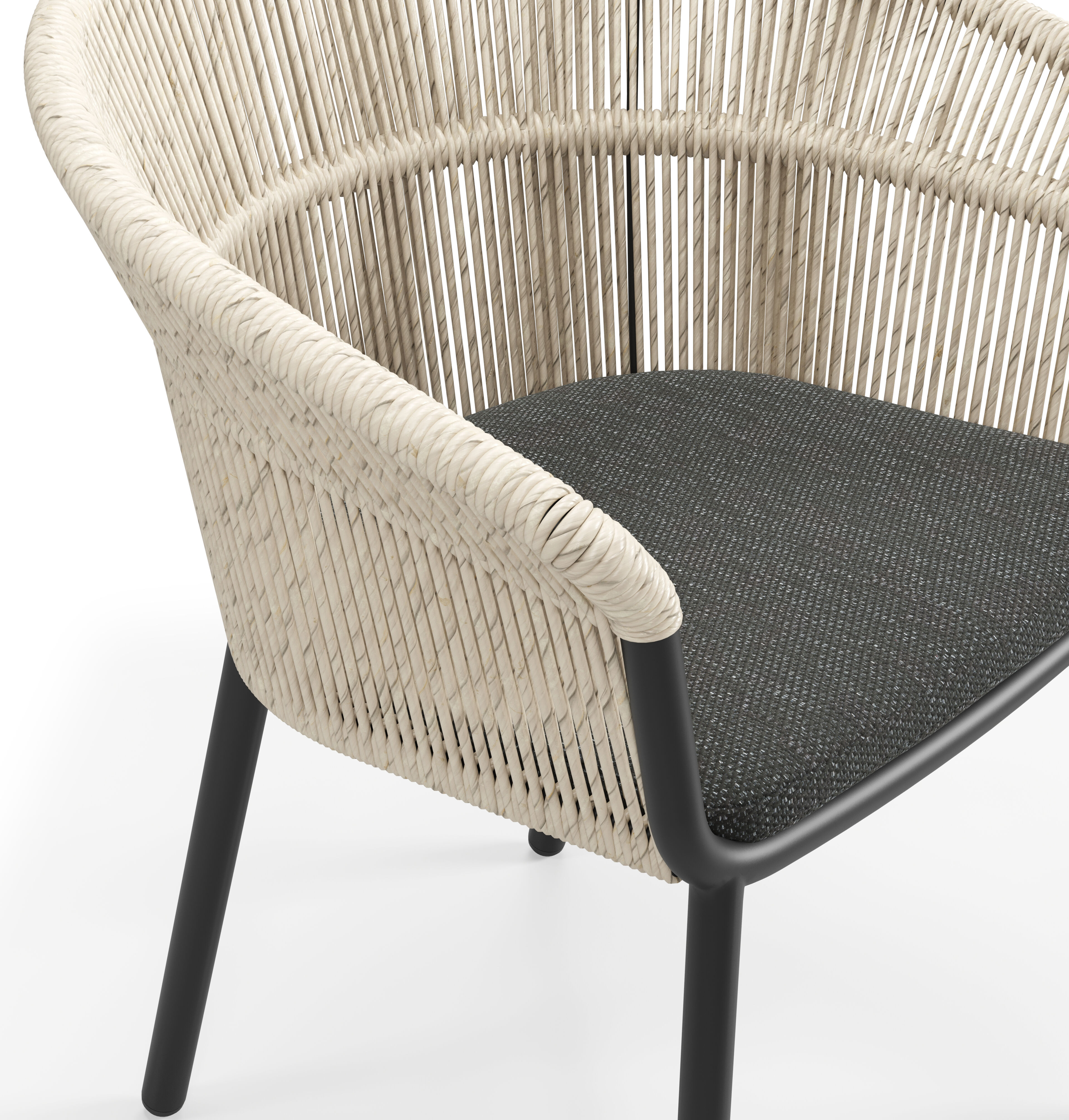 Matera stapelbare tuinstoel in zwart aluminium en beige gedraaide ronde wicker met kussen in sky black weather+ softtouch