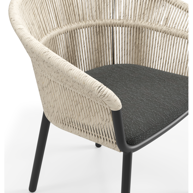 Matera stapelbare tuinstoel in zwart aluminium en beige gedraaide ronde wicker met kussen in sky black weather+ softtouch