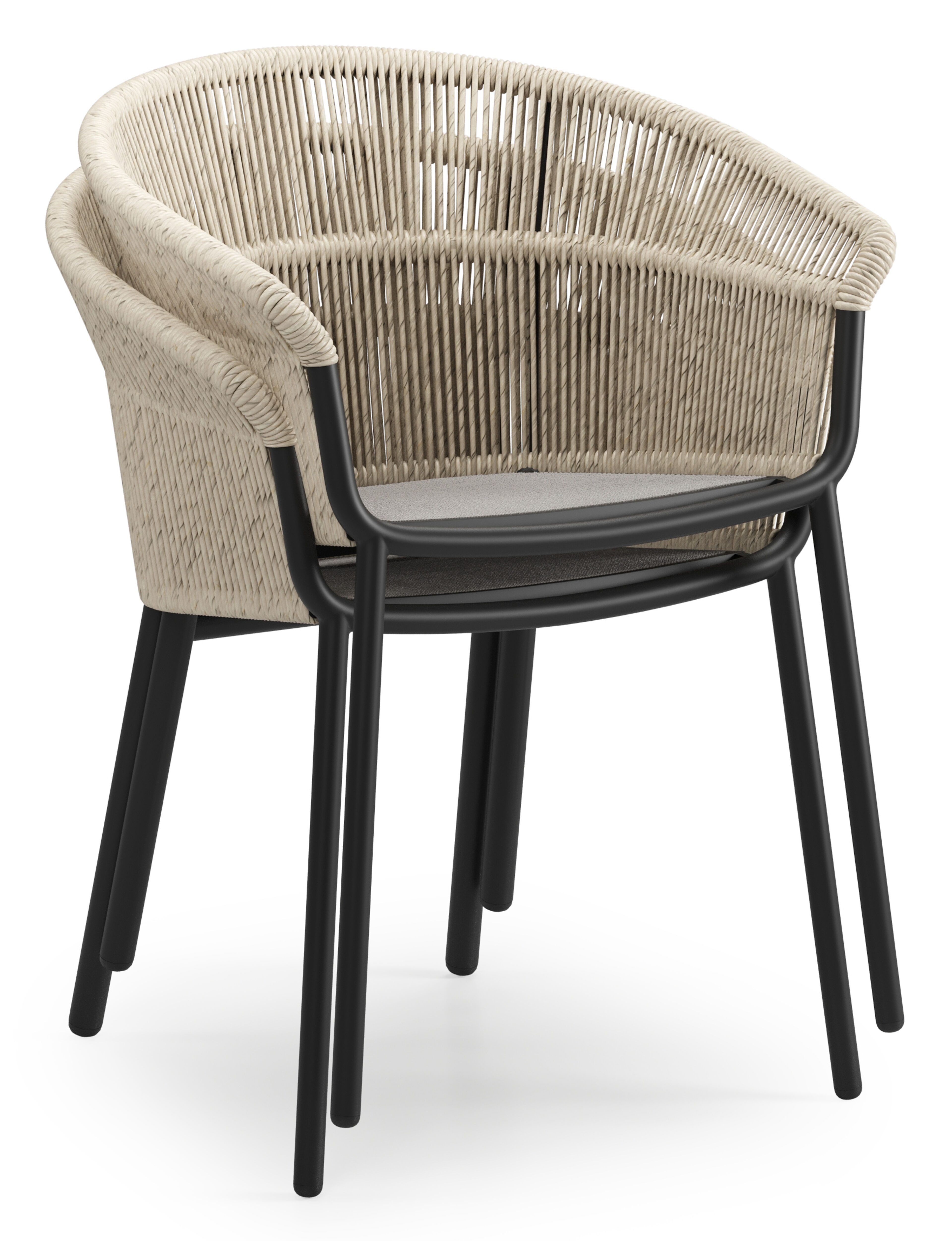 Matera stapelbare tuinstoel in zwart aluminium en beige gedraaide ronde wicker met kussen in sky black weather+ softtouch