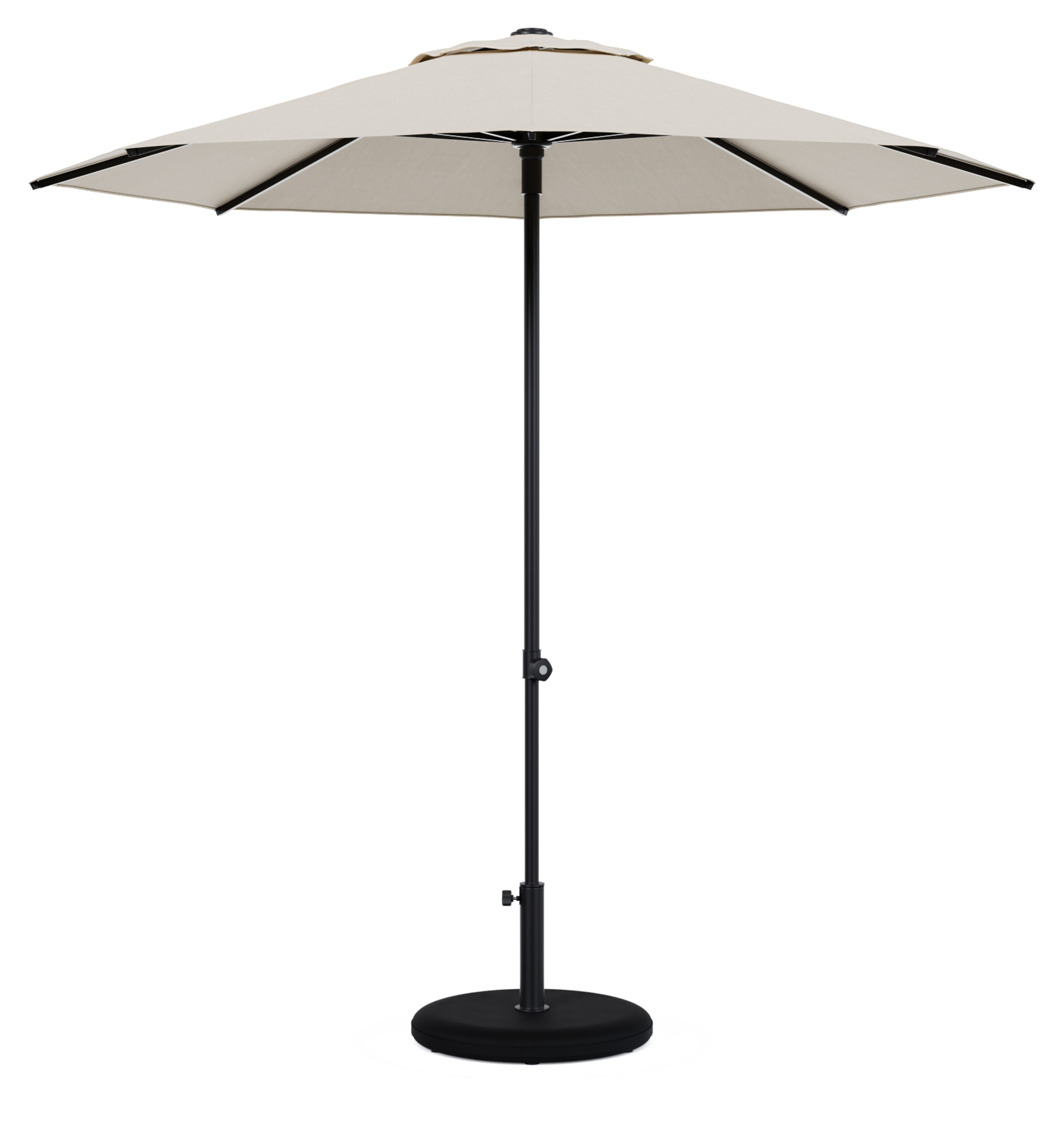 Umbria staanparasol in zwart aluminium met beige all weather sunbrella® premium parasoldoek - Dia. 250 cm met parasolvoet Plana 40 kg