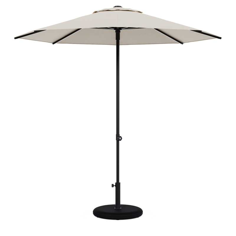 Umbria staanparasol in zwart aluminium met beige all weather sunbrella® premium parasoldoek - Dia. 250 cm met parasolvoet Plana 40 kg