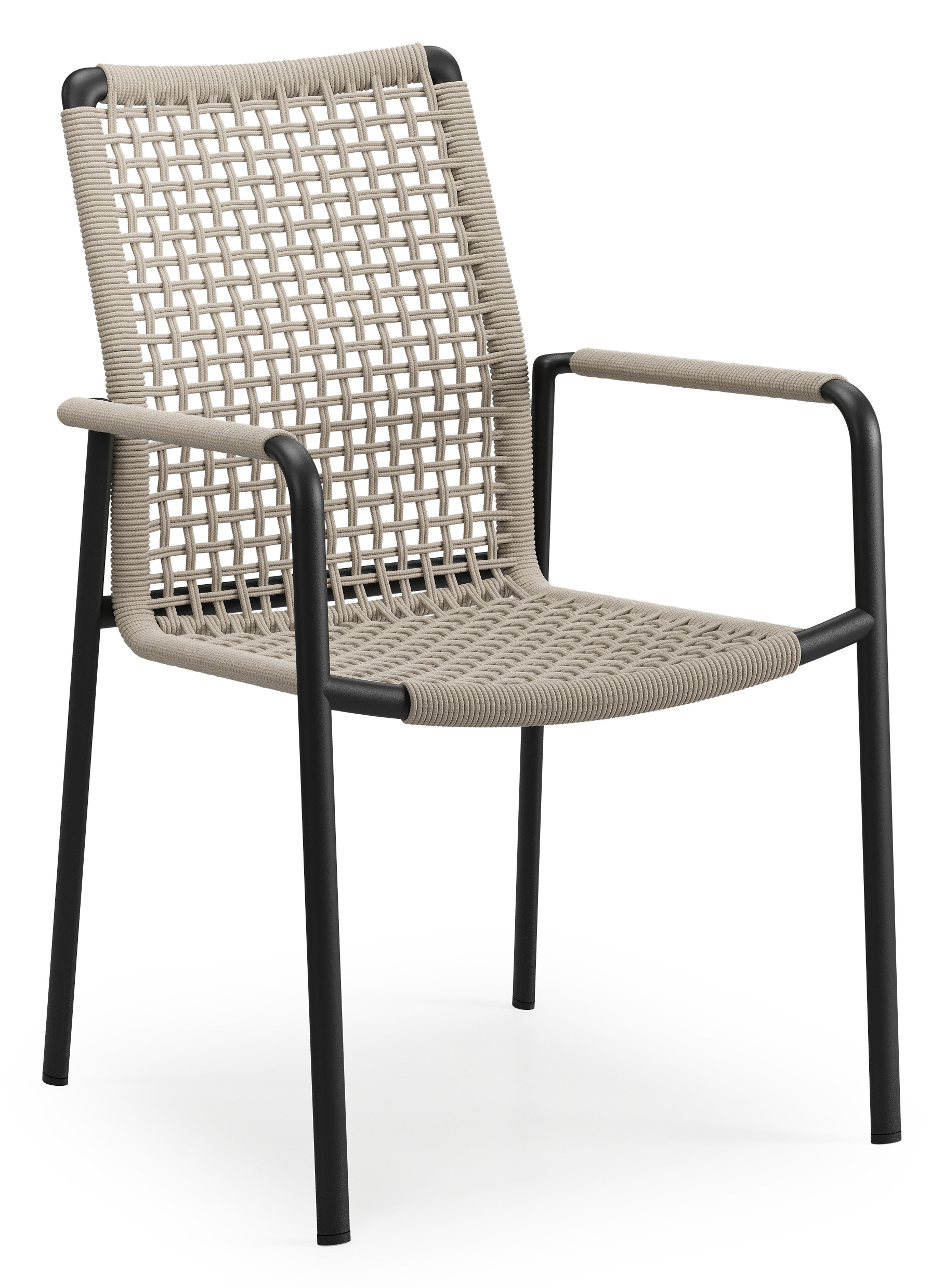 Chaise de jardin Como en aluminium noir et corde ronde tissée carrée beige