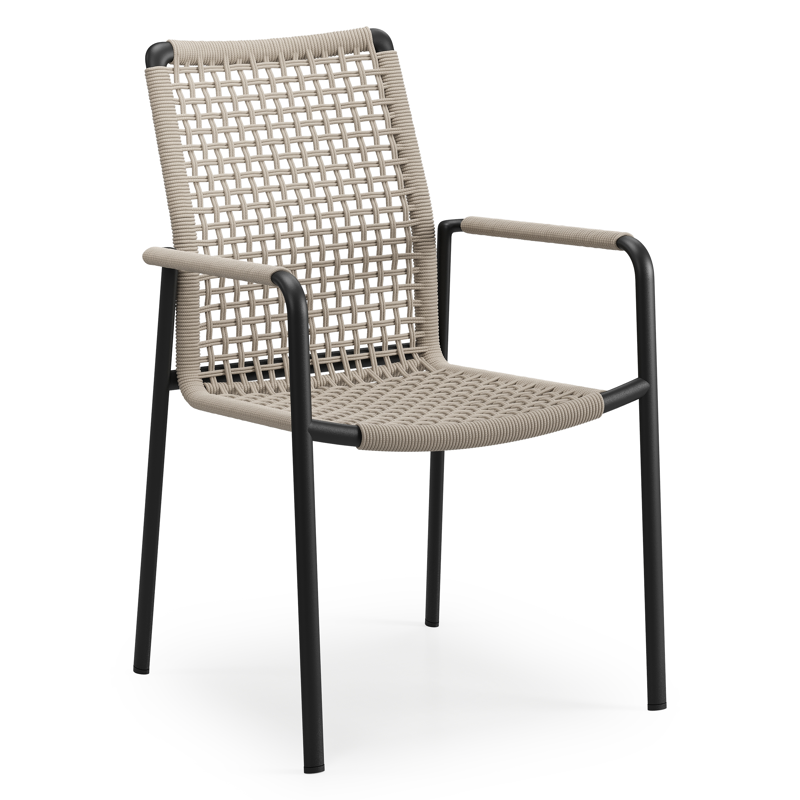 Chaise de jardin Como en aluminium noir et corde ronde tissée carrée beige