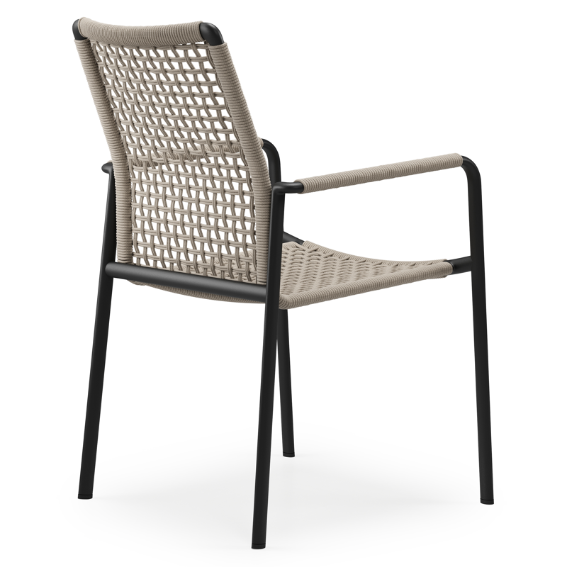 Chaise de jardin Como en aluminium noir et corde ronde tissée carrée beige