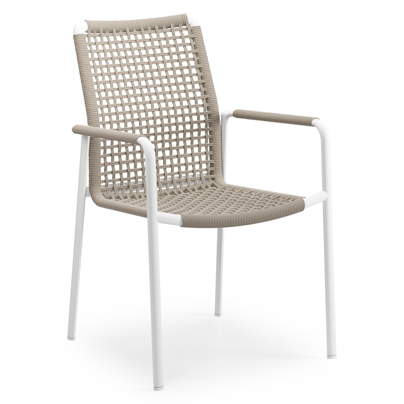 Chaise de jardin Como en aluminium blanc et corde ronde tissée carrée beige