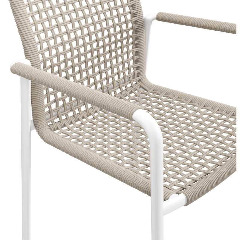 Chaise de jardin Como en aluminium blanc et corde ronde tissée carrée beige
