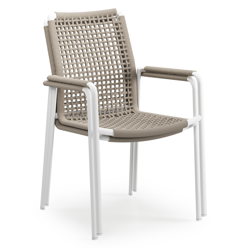 Chaise de jardin Como en aluminium blanc et corde ronde tissée carrée beige