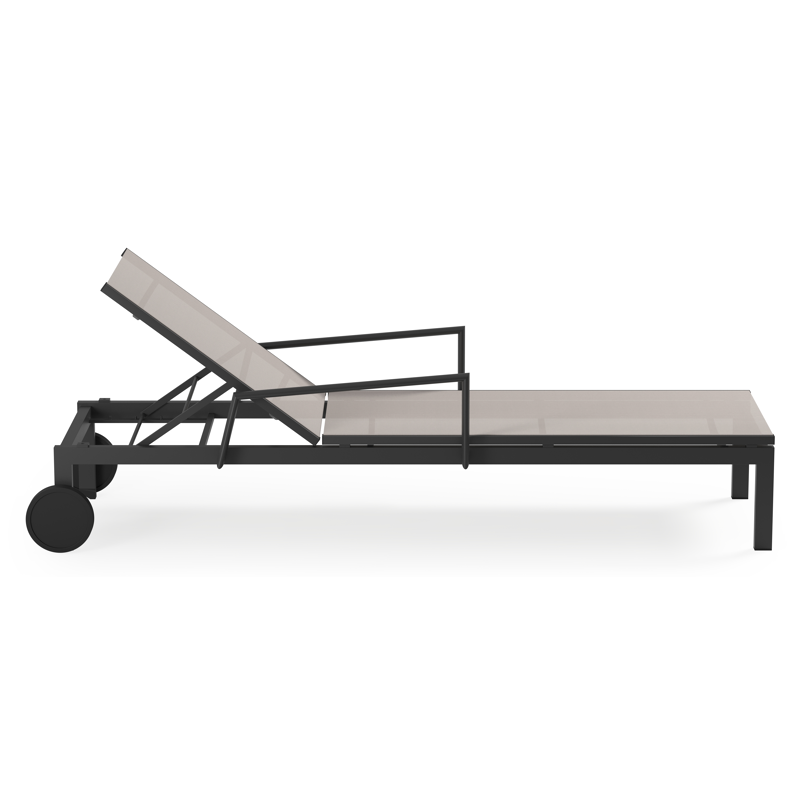 Caravelle verstelbaar ligbed in zwart aluminium en beige single textileen met armleuning