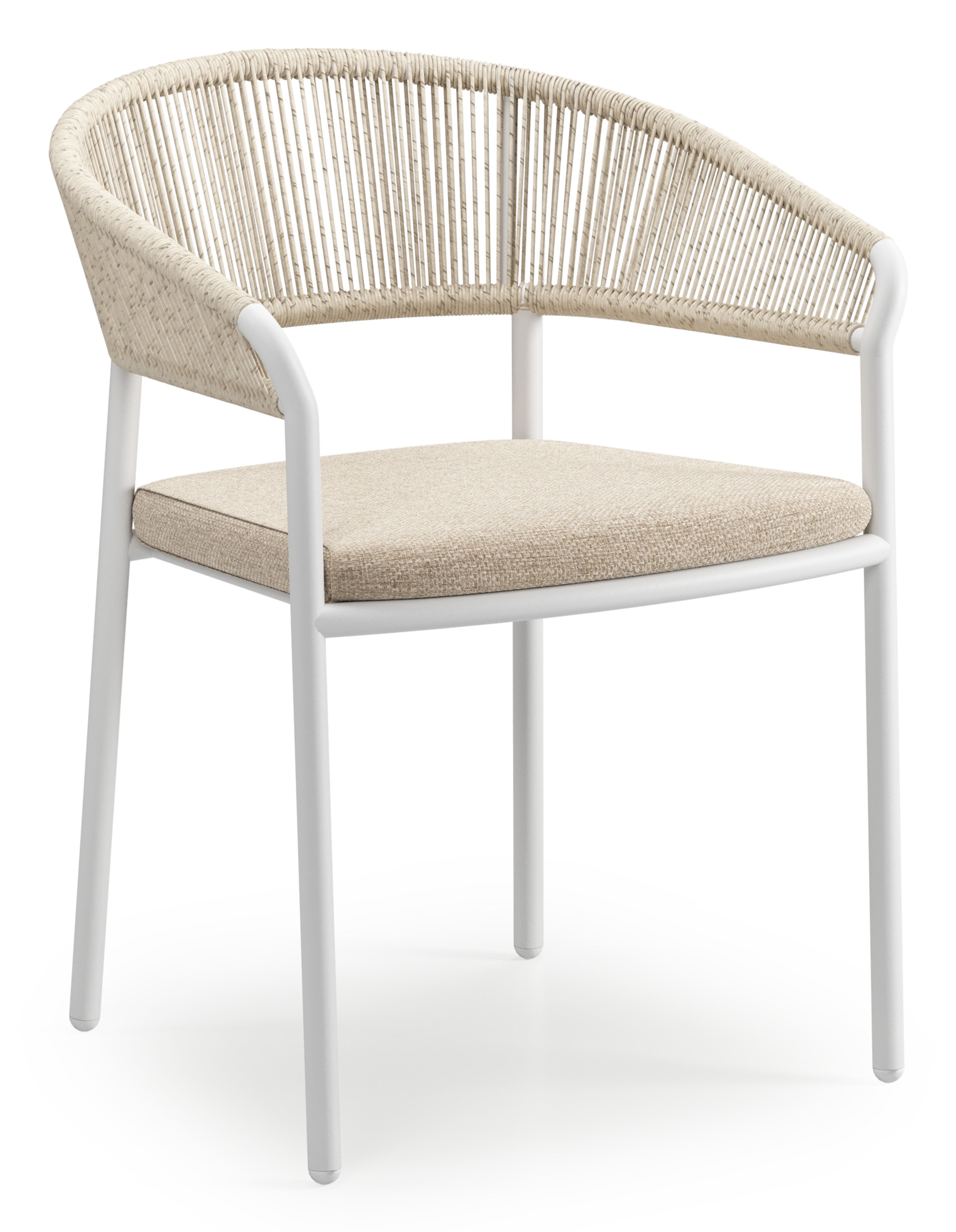 Zamora tuinstoel stapelbaar in wit aluminium en beige gedraaide ronde wicker met weather+ softtouch rustic kussen