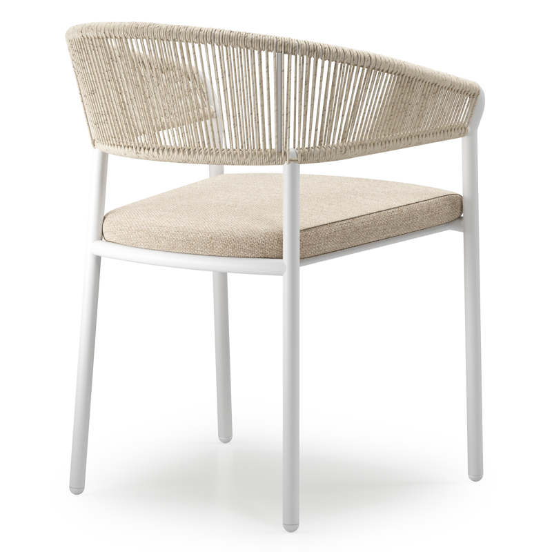 Chaise de jardin empilable empilable Zamora en aluminium blanc et résine tressée rond torsadée beige avec coussin rustique All Weather Olefin