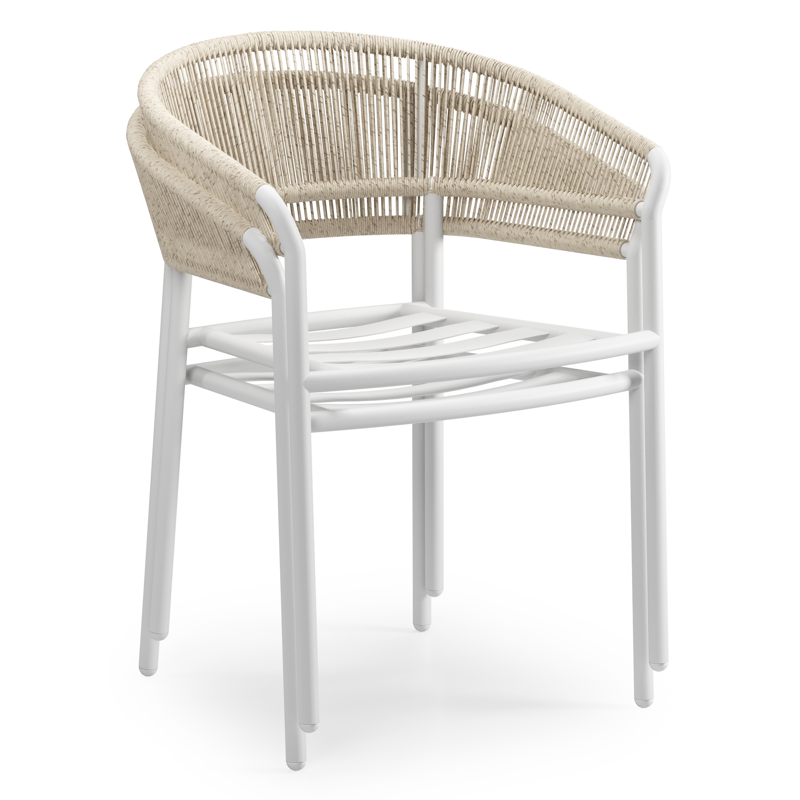 Chaise de jardin empilable empilable Zamora en aluminium blanc et résine tressée rond torsadée beige avec coussin rustique All Weather Olefin