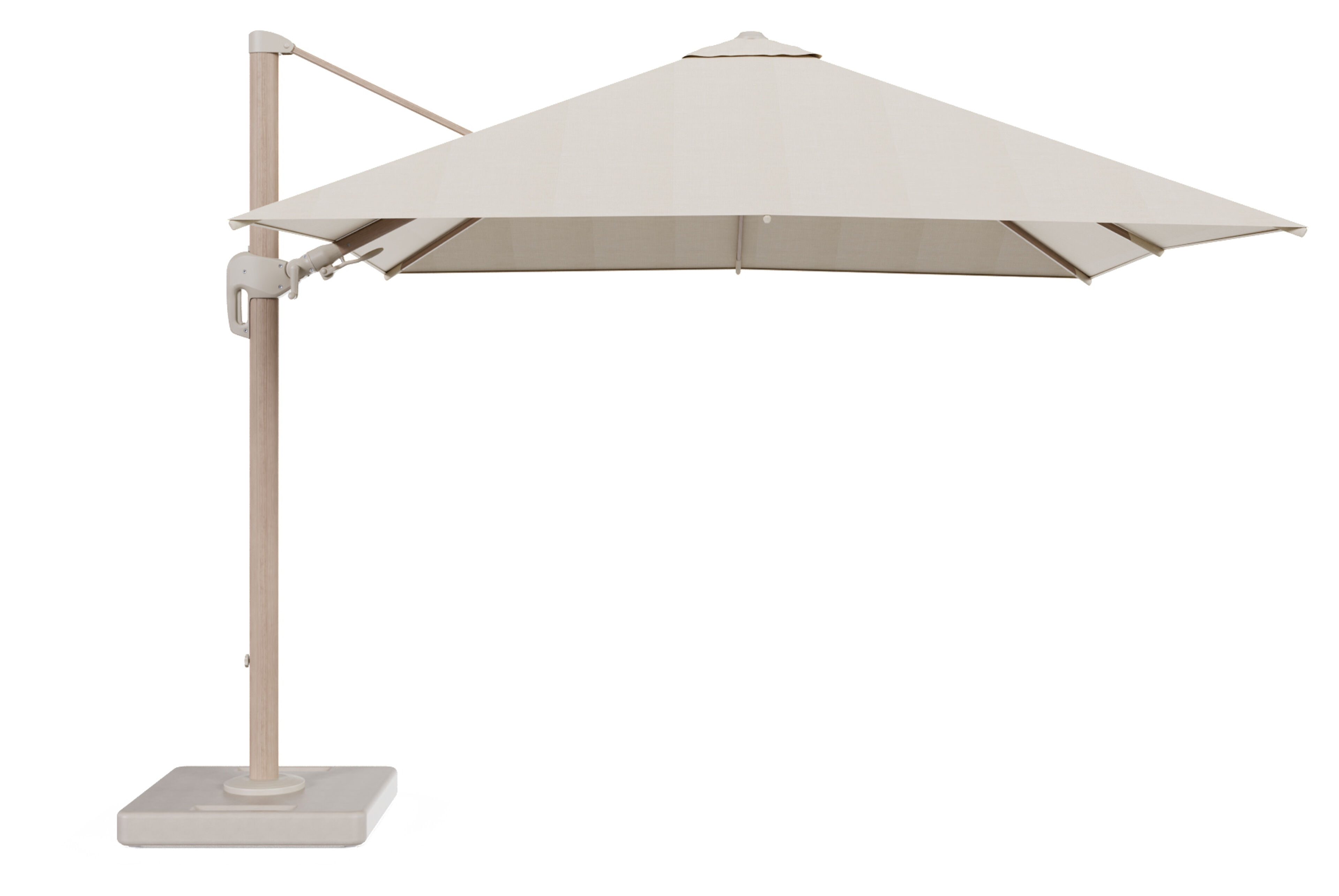 Rufina zweefparasol tiltfunctie in houtlook aluminium en parasoldoek in All Weather Sunbrella® Premium Beige - L1 300 x L2 300 cm met parasolvoet Lapido 160 kg