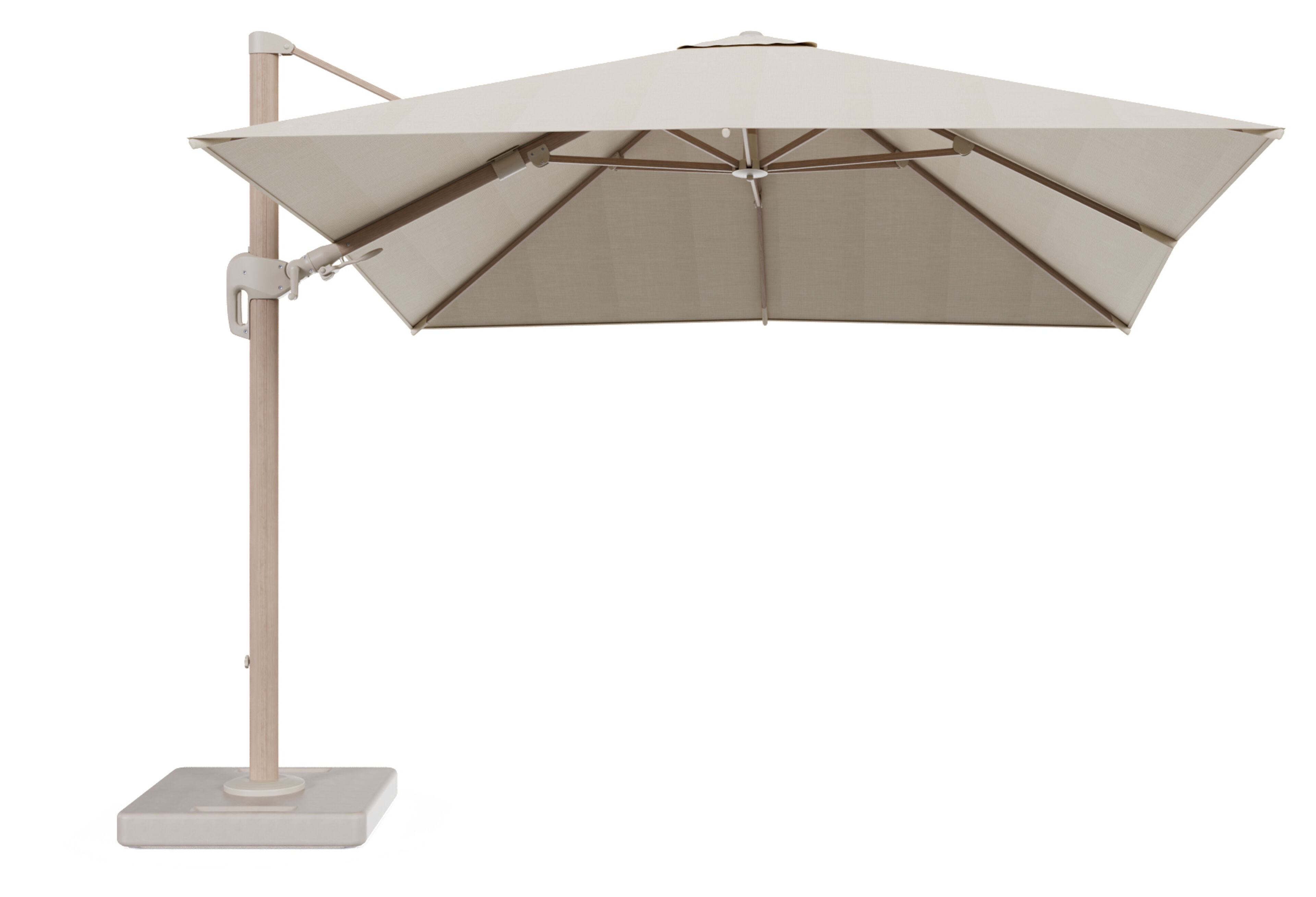 Rufina zweefparasol tiltfunctie in houtlook aluminium en parasoldoek in All Weather Sunbrella® Premium Beige - L1 300 x L2 300 cm met parasolvoet Lapido 160 kg