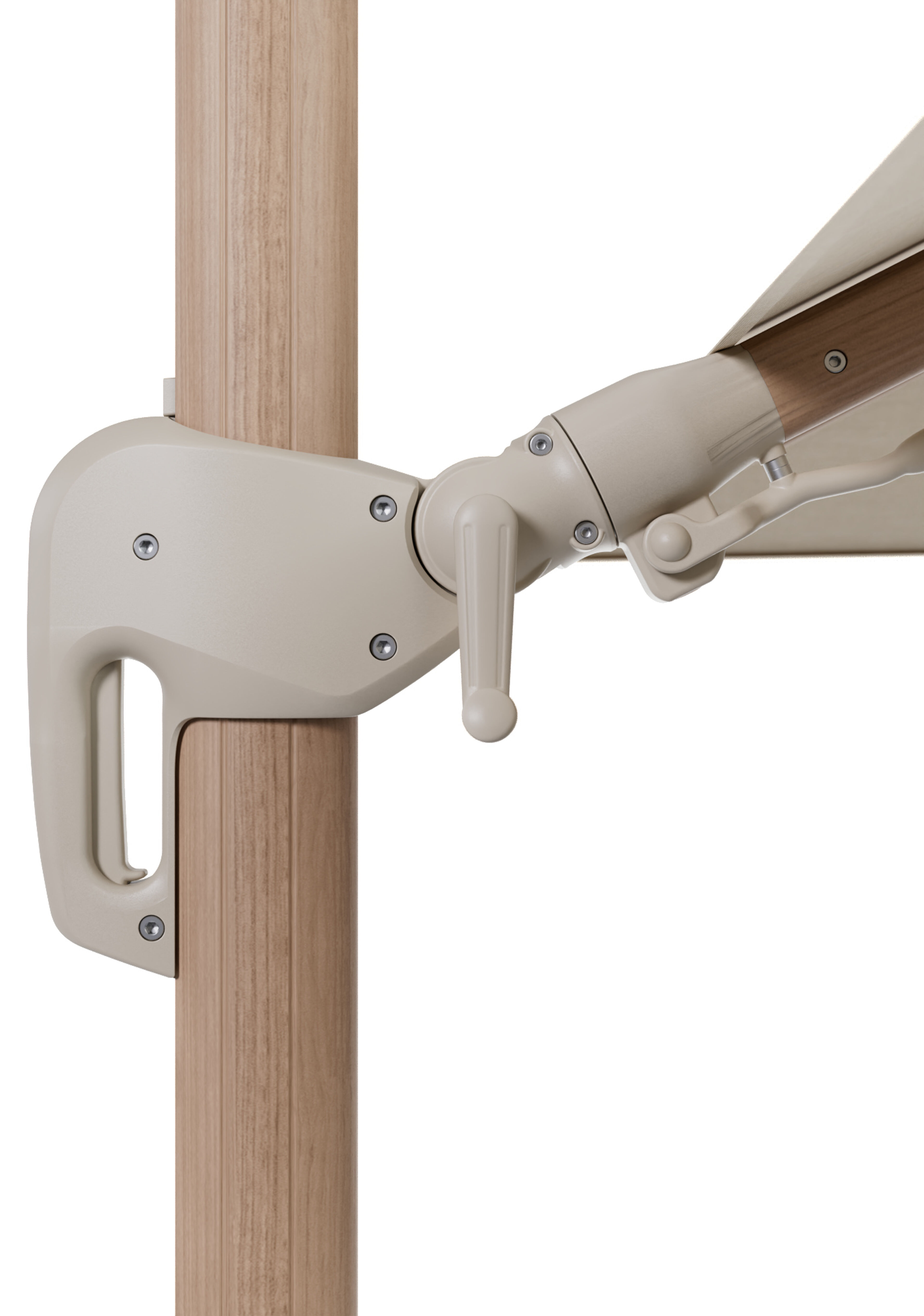 Rufina zweefparasol tiltfunctie in houtlook aluminium en parasoldoek in All Weather Sunbrella® Premium Beige - L1 300 x L2 300 cm met parasolvoet Lapido 160 kg