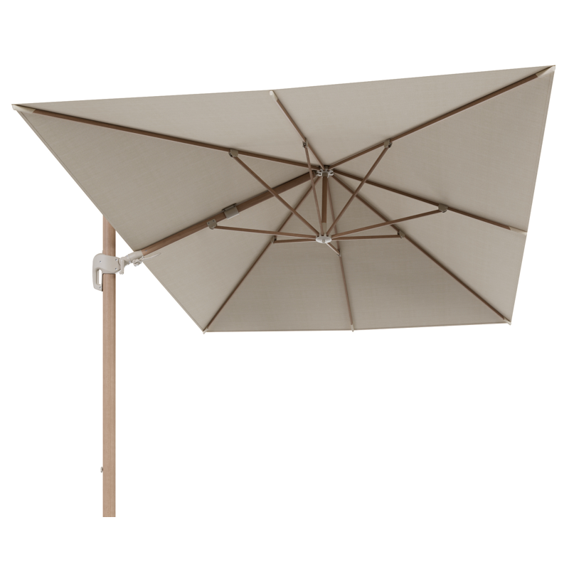 Rufina zweefparasol met tiltfunctie in houtlook met beige all weather sunbrella® premium parasoldoek - L1 300 x L2 300 cm (zonder voet)