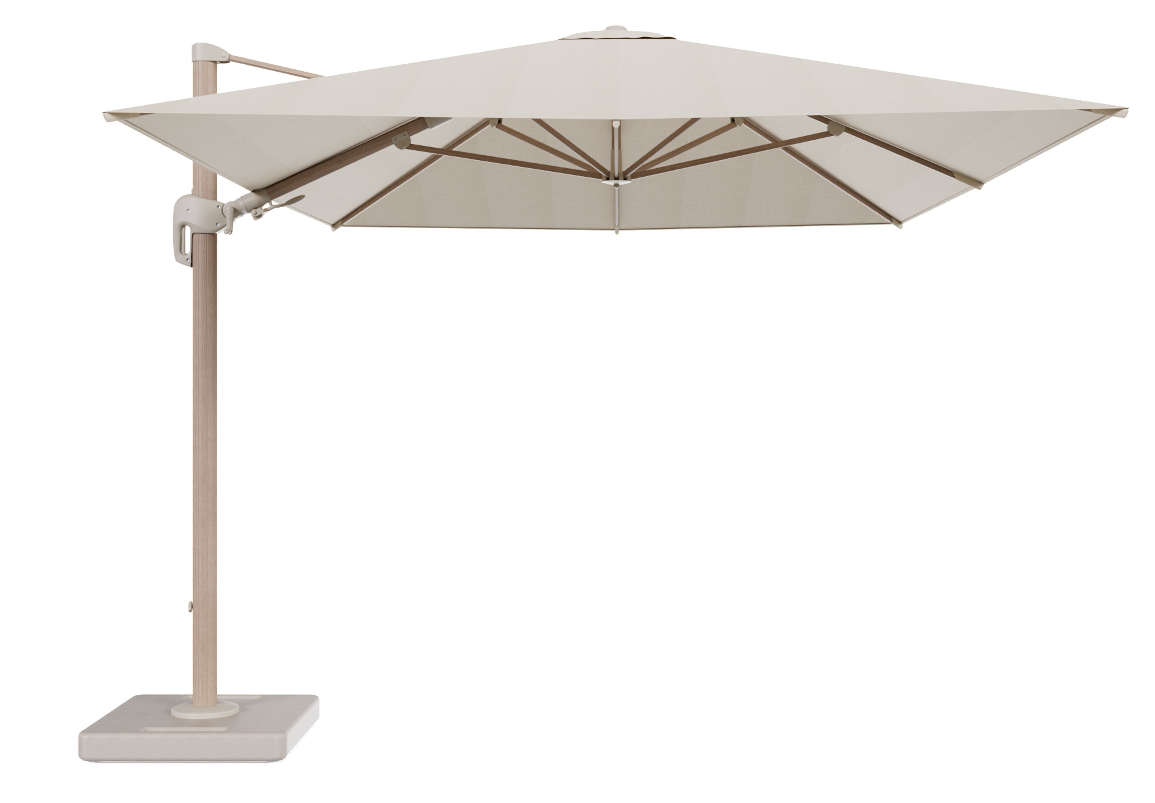 Rufina zweefparasol met tiltfunctie in aluminium houtlook met beige all weather sunbrella® premium parasoldoek - L1 400 x L2 300 cm met parasolvoet Lapido 160 kg