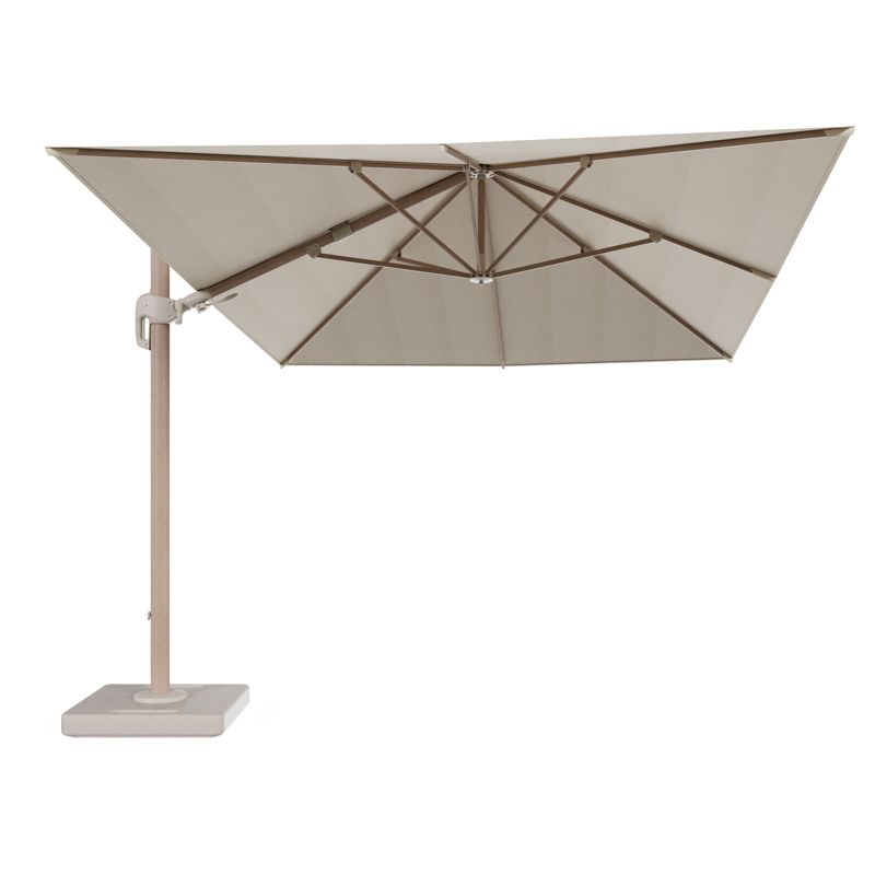 Rufina zweefparasol met tiltfunctie in aluminium houtlook met beige all weather sunbrella® premium parasoldoek - L1 400 x L2 300 cm met parasolvoet Lapido 160 kg