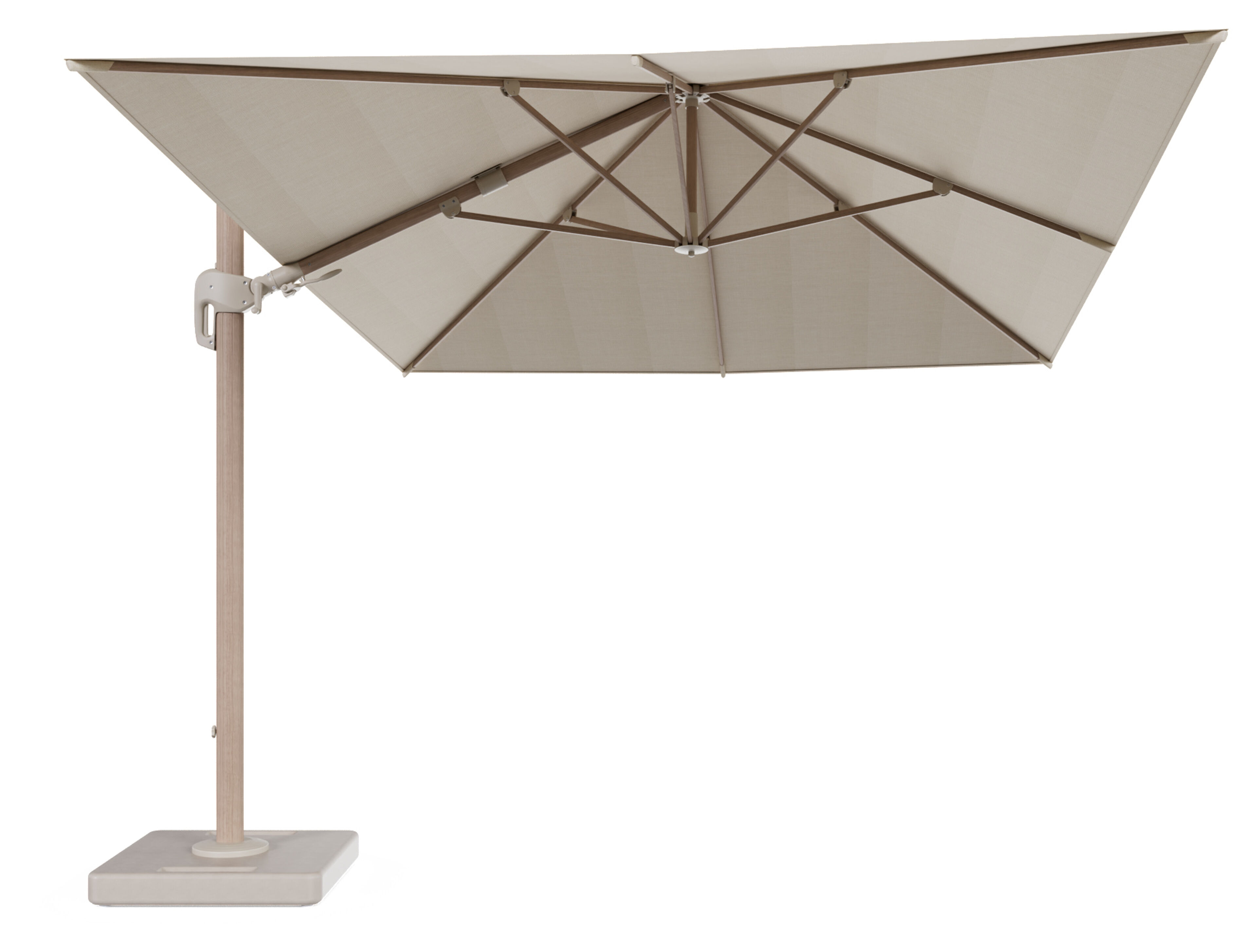 Rufina zweefparasol met tiltfunctie in aluminium houtlook met beige all weather sunbrella® premium parasoldoek - L1 400 x L2 300 cm met parasolvoet Lapido 160 kg