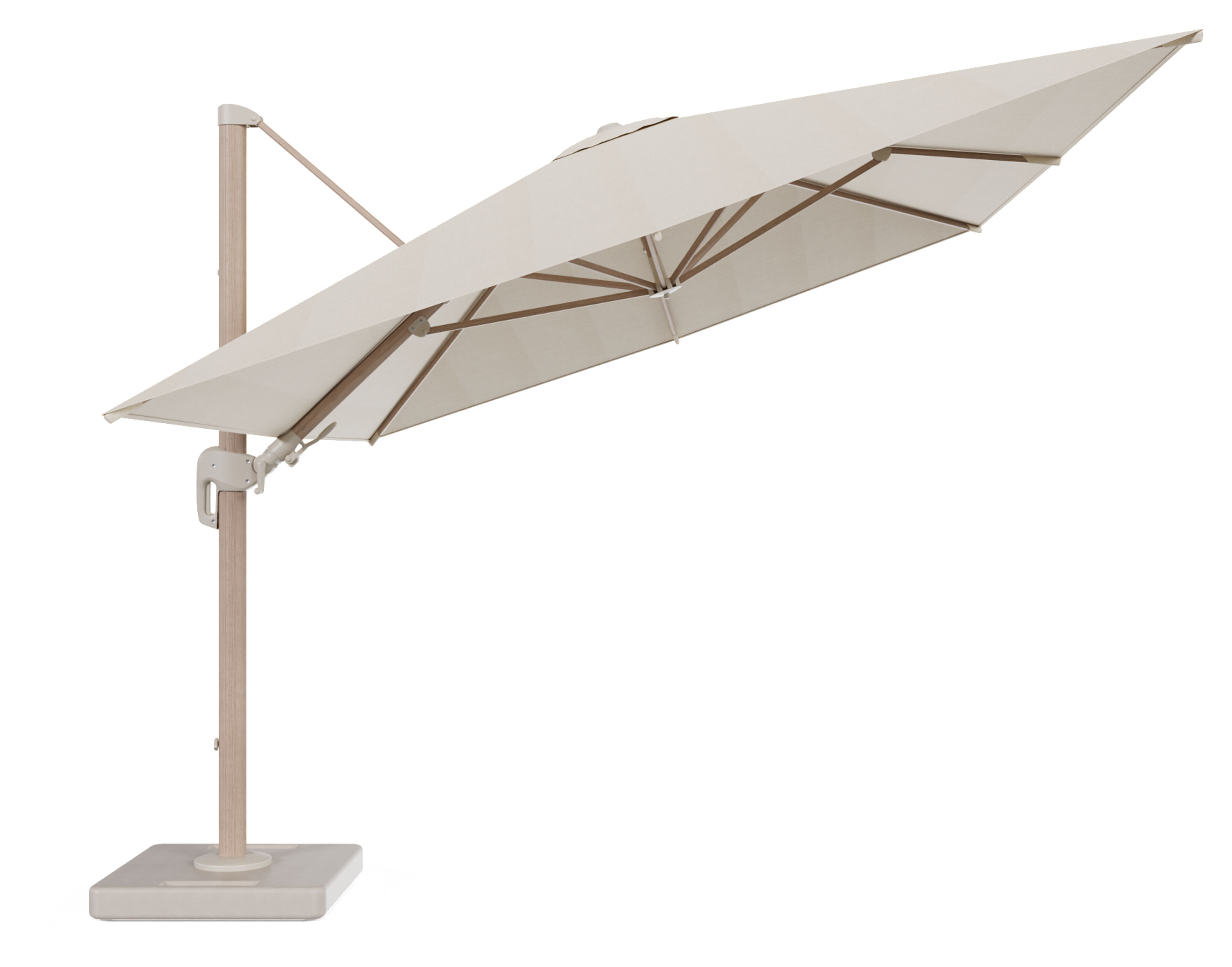 Rufina zweefparasol met tiltfunctie in aluminium houtlook met beige all weather sunbrella® premium parasoldoek - L1 400 x L2 300 cm met parasolvoet Lapido 160 kg