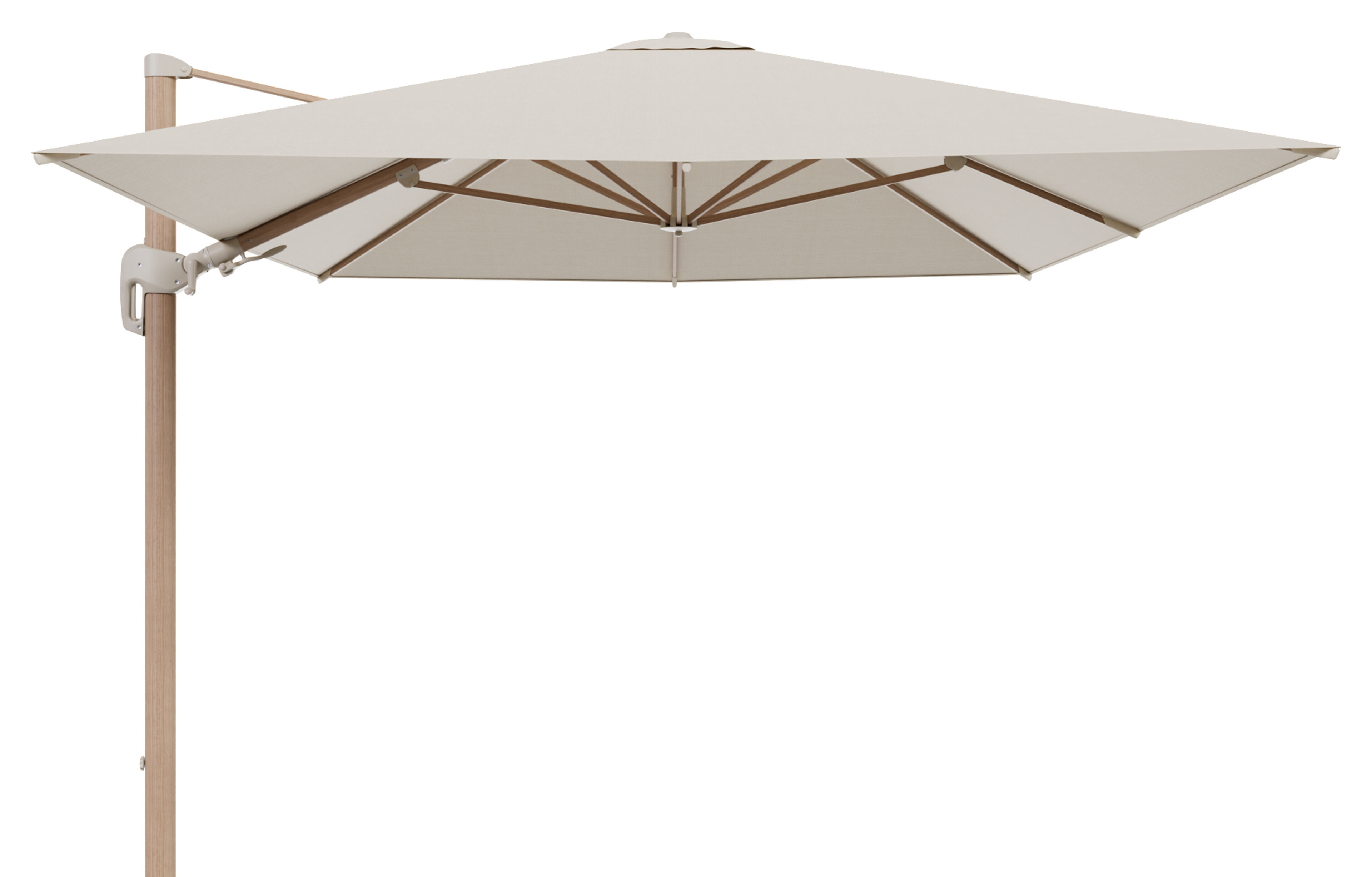 Parasol pendant Rufina avec fonction tilt en aspect de bois avec toile de parasol en all weather sunbrella® premium beige - Lg.1 400 x Lg.2 300 cm (sans pied de parasol)